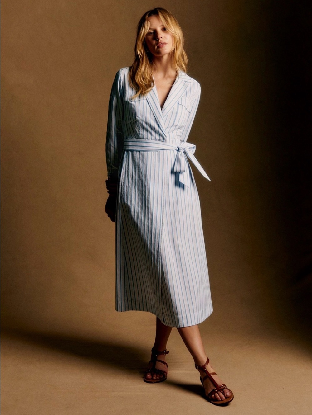 Sezane Blue and White Striped Midi Wrap Dress